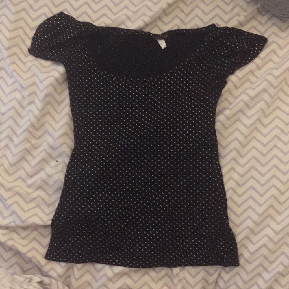 Black tee with gold polka dots